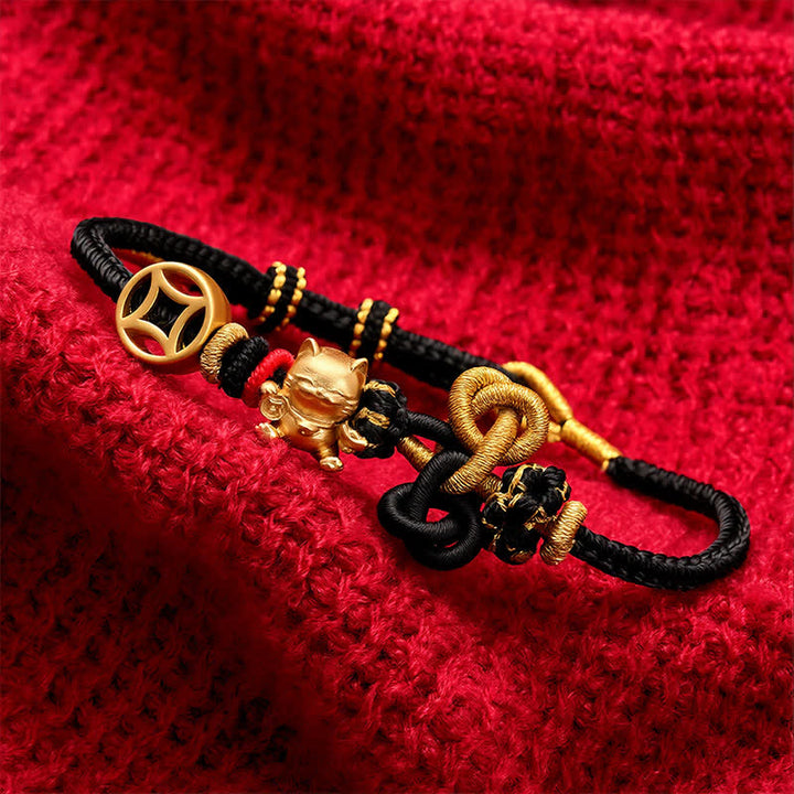 Buddha Stones Goldenes Glückskatzen-Armband mit rotem Faden zum Schutz, geflochten - image 16