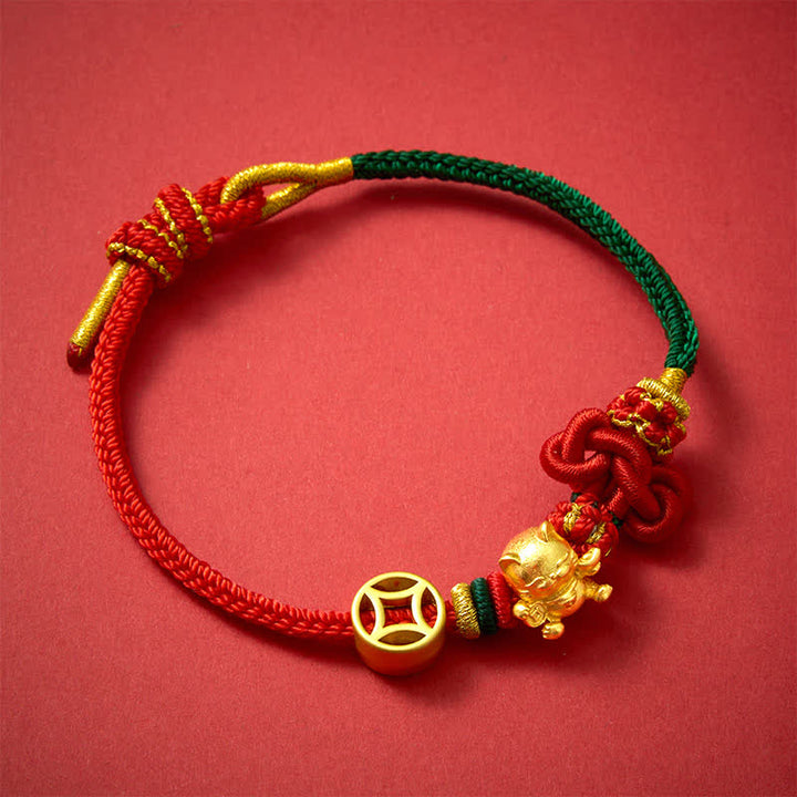 Buddha Stones Goldenes Glückskatzen-Armband mit rotem Faden zum Schutz, geflochten - image 11