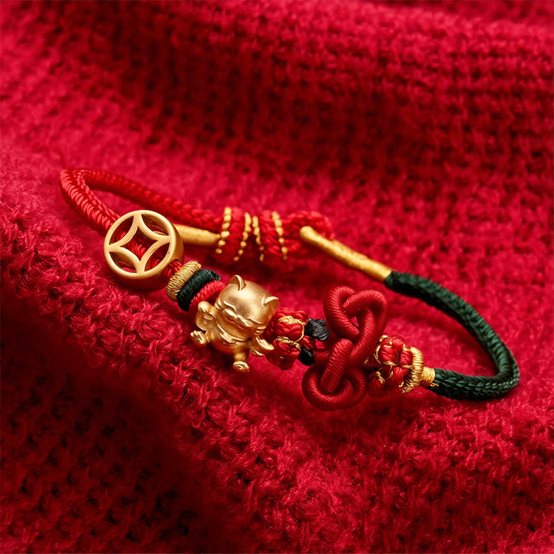 Buddha Stones Goldenes Glückskatzen-Armband mit rotem Faden zum Schutz, geflochten - image 12