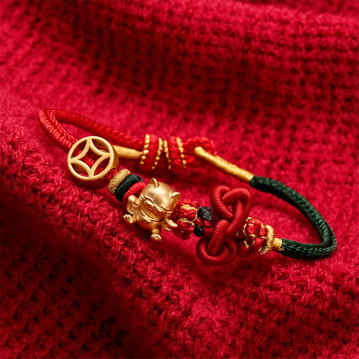 Buddha Stones Goldenes Glückskatzen-Armband mit rotem Faden zum Schutz, geflochten - image 12