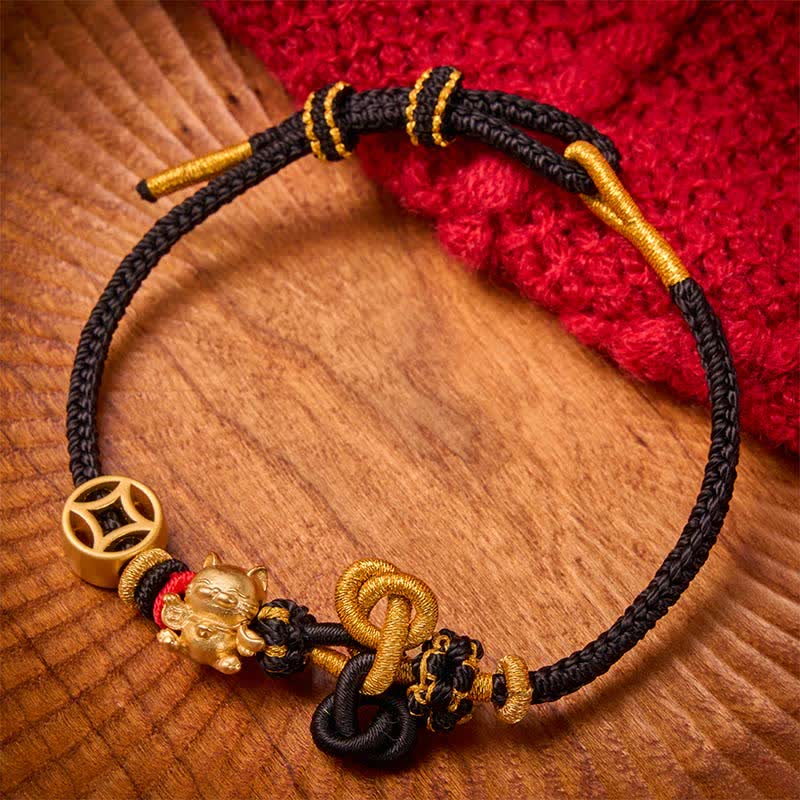Buddha Stones Goldenes Glückskatzen-Armband mit rotem Faden zum Schutz, geflochten - Schwarz - image 14