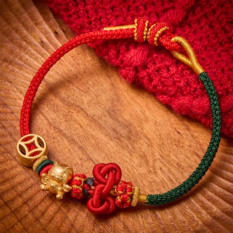 Buddha Stones Goldenes Glückskatzen-Armband mit rotem Faden zum Schutz, geflochten - Rot Grün - image 10