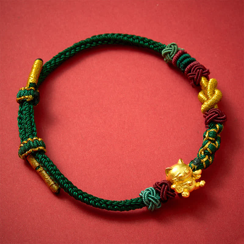 Buddha Stones Handgewebtes rotes Armband mit Glückskatzenmotiv - image 1