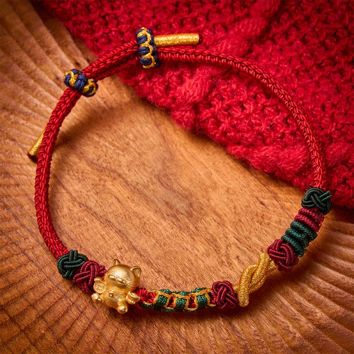 Buddha Stones Handgewebtes rotes Armband mit Glückskatzenmotiv - Rote Schnur - image 4