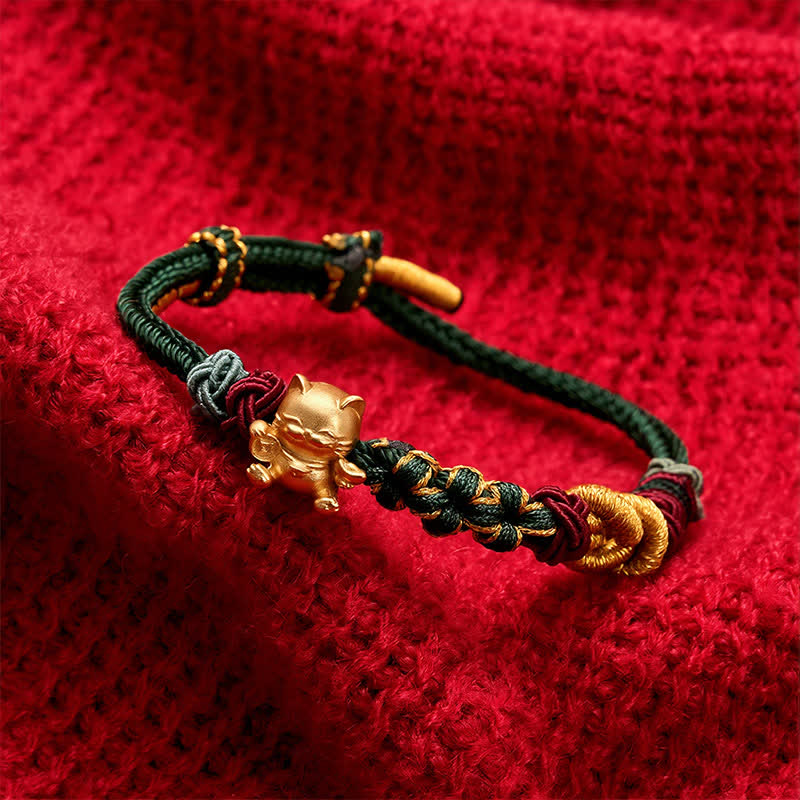Buddha Stones Handgewebtes rotes Armband mit Glückskatzenmotiv - image 2