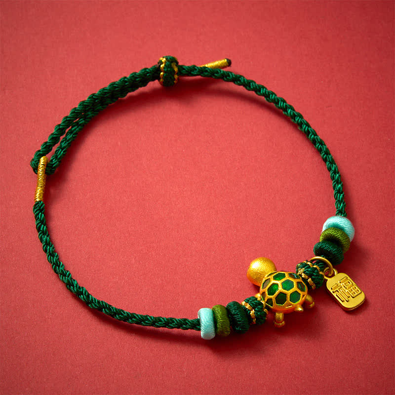 Buddha Stones Handgewebtes rotes Armband mit Schildkrötenmotiv (Fu-Charakter) - Grüne Schnur - image 0