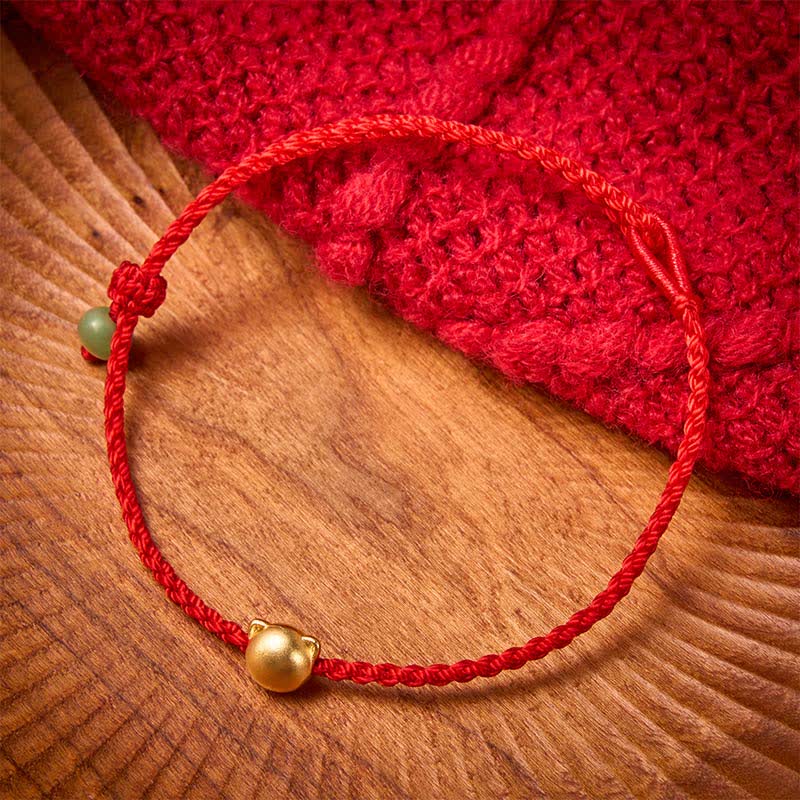Buddha Stones Armband mit Katzenkopf aus Kupfer, Jade und roter Schnurverbindung - image 1