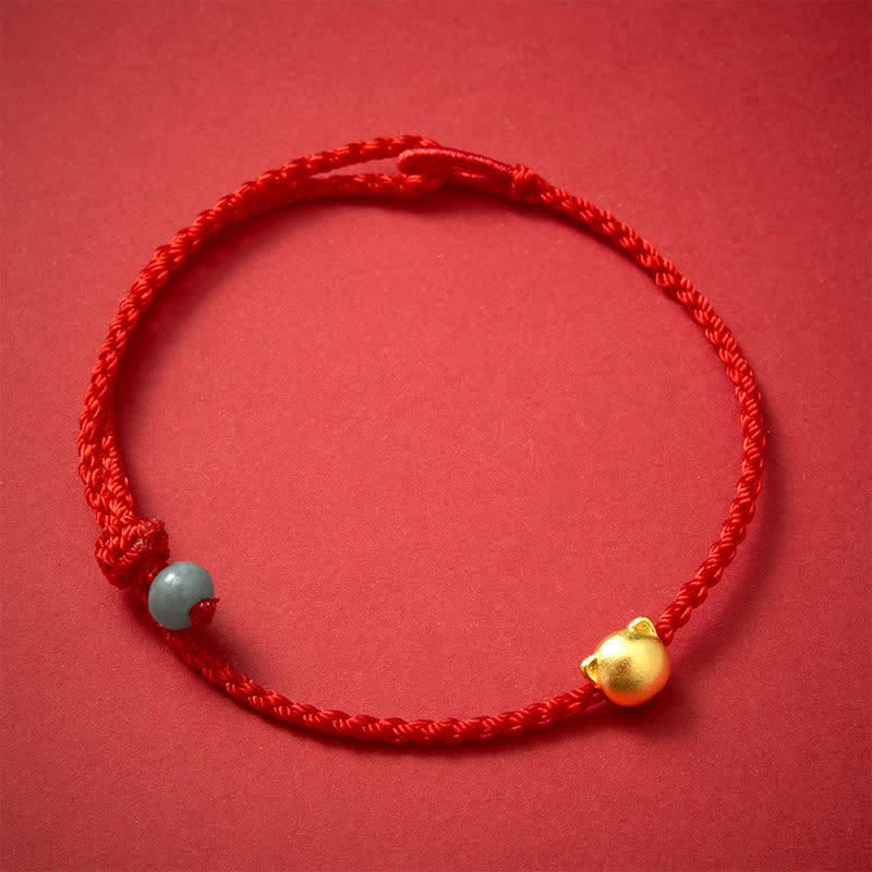 Buddha Stones Armband mit Katzenkopf aus Kupfer, Jade und roter Schnurverbindung - Roter Faden (Schutz ♥ Glück) - image 0