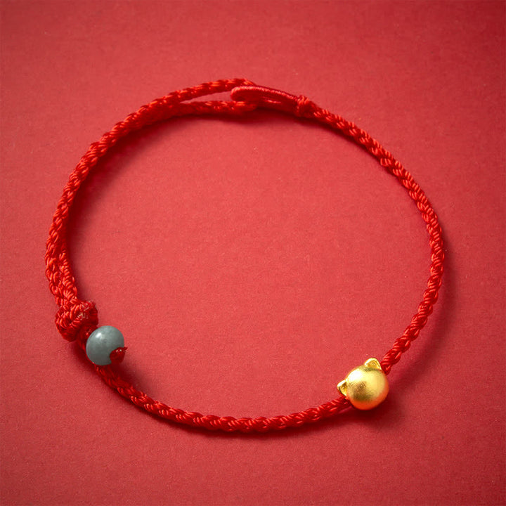 Buddha Stones Armband mit Katzenkopf aus Kupfer, Jade und roter Schnurverbindung - Roter Faden (Schutz ♥ Glück) - image 0