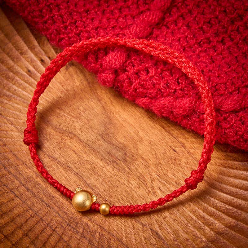 Buddha Stones Rotes Armband aus Kupfer mit Katzenmotiv zum Schutz des Kopfes - Roter Faden (Schutz ♥ Glück) - image 0
