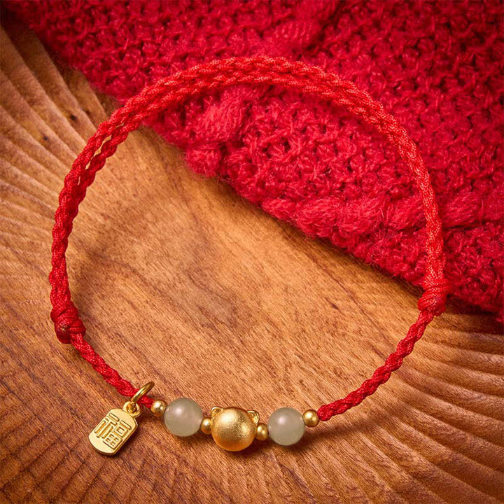 Buddha Stones Hetian Jade Fu Charakter Kupfer Katze Rotes Armband - Roter Faden (Schutz ♥ Glück) - image 0