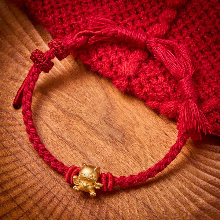 Buddha Stones Kupfernes Glückskatzen-Armband mit roter Schnur - Dunkelrot - image 0