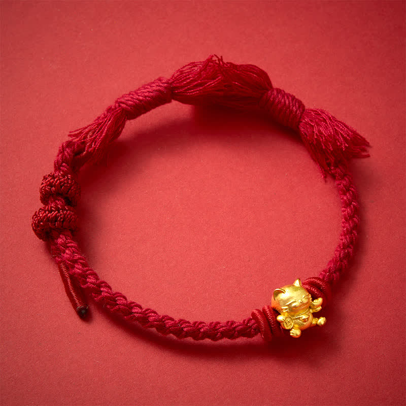 Buddha Stones Kupfernes Glückskatzen-Armband mit roter Schnur - image 1