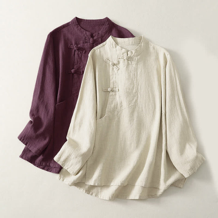 Buddha Stones Casual Plain Frog-Buttons Damen Langarmhemd - image 0