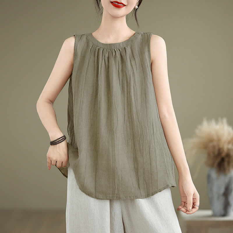 Buddha Stones Sommer Falten Schlichtes Design Rundhals Ärmellose Damenweste - Dunkelkhaki - US 8-10, UK/AU 12-14, EU 40-42 (2XL) - image 0