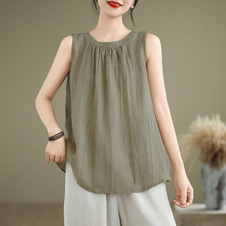 Buddha Stones Sommer Falten Schlichtes Design Rundhals Ärmellose Damenweste - Dunkelkhaki - US 8-10, UK/AU 12-14, EU 40-42 (2XL) - image 0