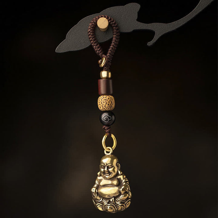 Buddha Stones Schlüsselanhänger aus Messing mit lachendem Buddha – Erdung und Glück - Lachender Buddha mit Seil (Anhängergröße: 33 x 22 x 0,8 mm) - image 0