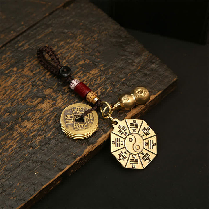 Buddha Stones Vintage Schlüsselanhänger mit Anhänger aus Messing, Bagua Pi Xiu, Fünf-Kaiser-Münzen, Schutzsymbol Yin Yang - Bagua-Plakette mit Kürbis und fünf Kaisermünzen - image 3