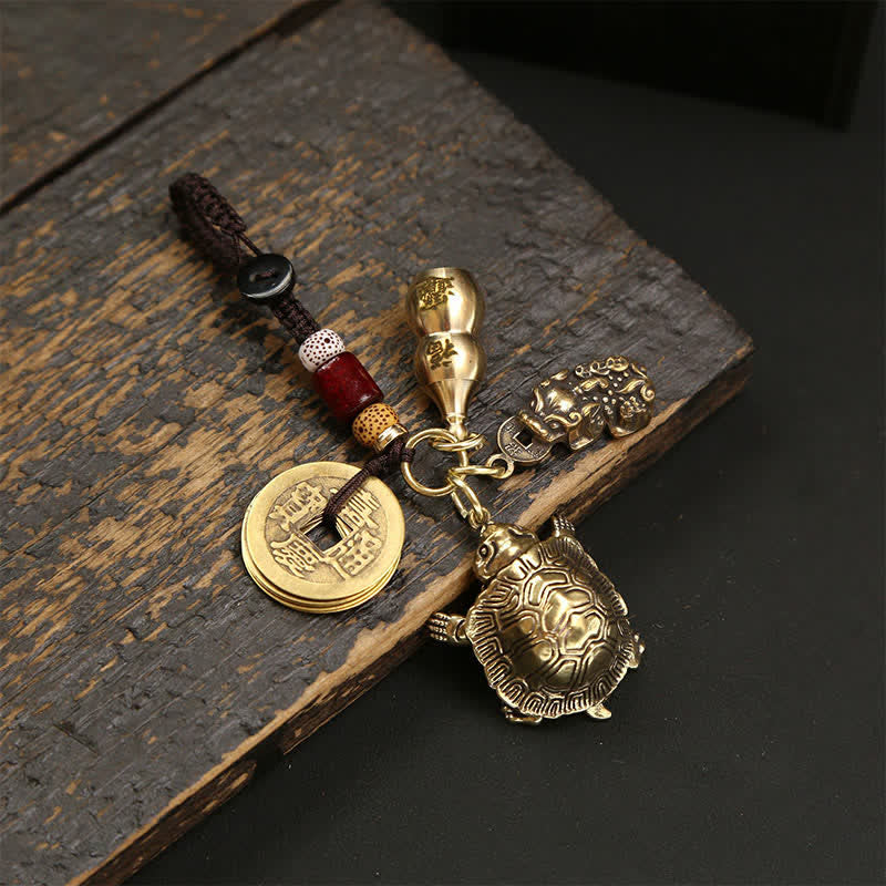 Buddha Stones Bewegliche Schlüsselanhänger mit Schildkrötenmotiv aus Messing (Symbol für Wohlstand) - Gelenkige Schildkröte mit Kürbis, fünf Kaisermünzen und Pi Xiu - image 4