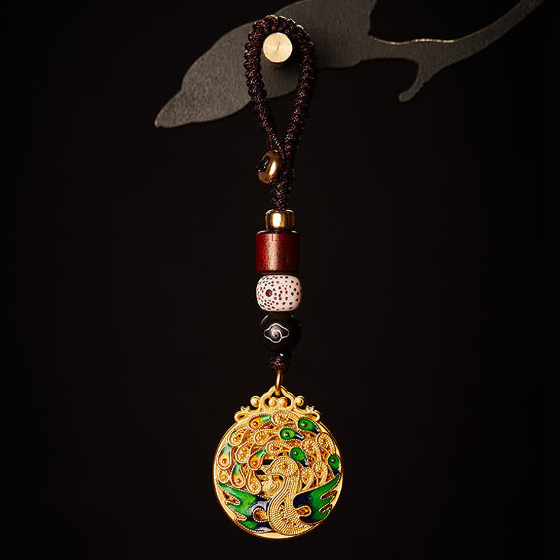 Buddha Stones Vintage Pfauen-Fu-Charakter-Schlüsselanhänger aus Kupfer - Pfauenanhänger-Schlüsselanhänger - image 1