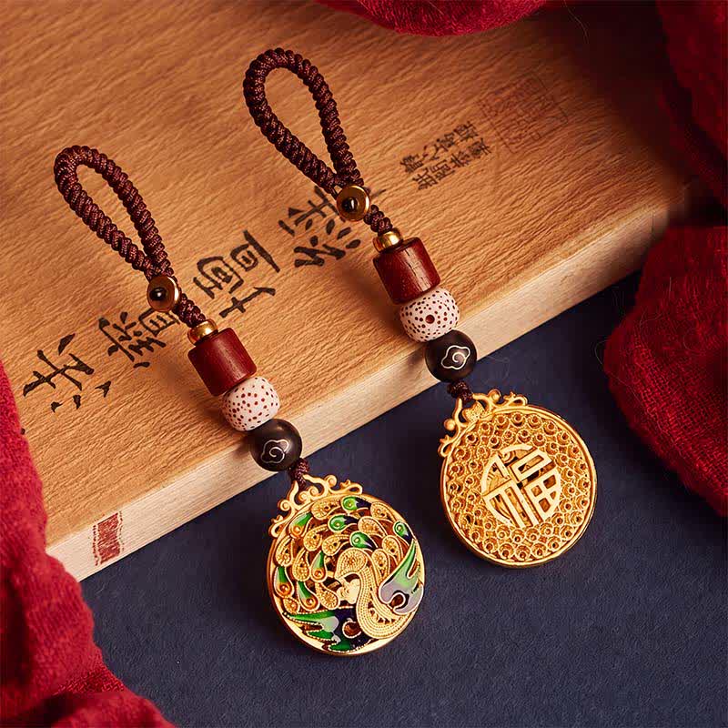 Buddha Stones Vintage Pfauen-Fu-Charakter-Schlüsselanhänger aus Kupfer - image 0