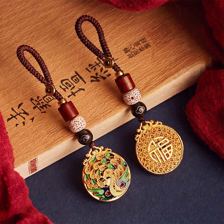 Buddha Stones Vintage Pfauen-Fu-Charakter-Schlüsselanhänger aus Kupfer - image 0