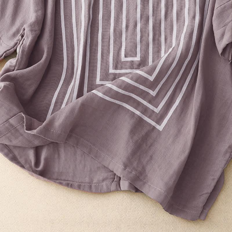 Lässiges Damen-T-Shirt aus Baumwolle und Leinen mit Buddha Stones und Liniendruckmuster - image 20