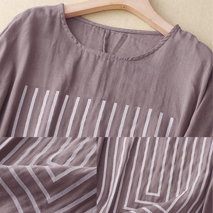 Lässiges Damen-T-Shirt aus Baumwolle und Leinen mit Buddha Stones und Liniendruckmuster - image 18
