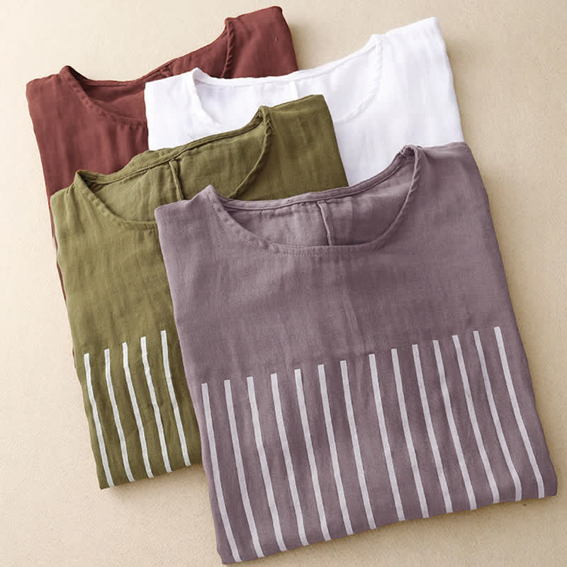 Lässiges Damen-T-Shirt aus Baumwolle und Leinen mit Buddha Stones und Liniendruckmuster - image 21