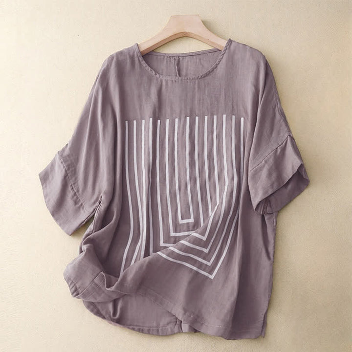 Lässiges Damen-T-Shirt aus Baumwolle und Leinen mit Buddha Stones und Liniendruckmuster - Distel - US12, UK/AU16, EU44 (2XL) - image 17