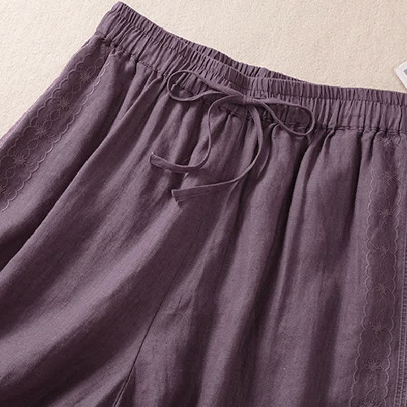 Lässige Damen-Shorts mit Buddha Stones, floralem Stickereimuster, Kordelzug und Taschen - image 2