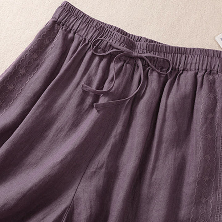 Lässige Damen-Shorts mit Buddha Stones, floralem Stickereimuster, Kordelzug und Taschen - image 2