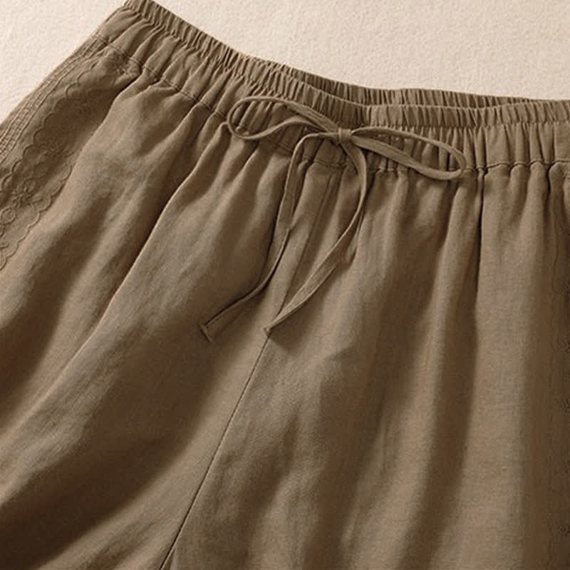 Lässige Damen-Shorts mit Buddha Stones, floralem Stickereimuster, Kordelzug und Taschen - image 8