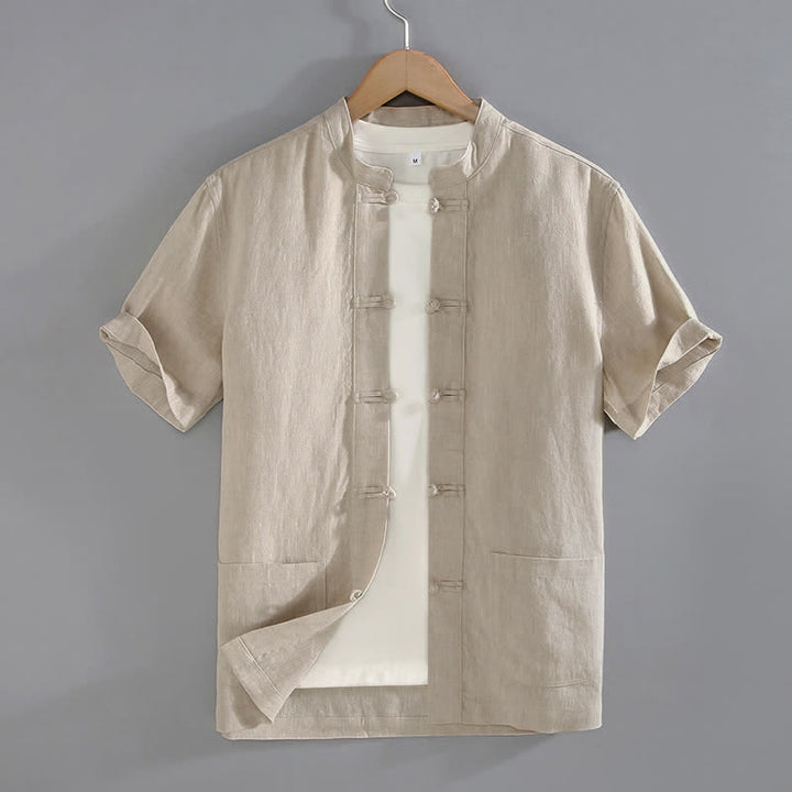Buddha Stones Vintage Plain Tang Suit Chinesisches Herrenhemd mit Froschknöpfen und Taschen - Beige - US/UK/AU46, EU56 (5XL) - image 0