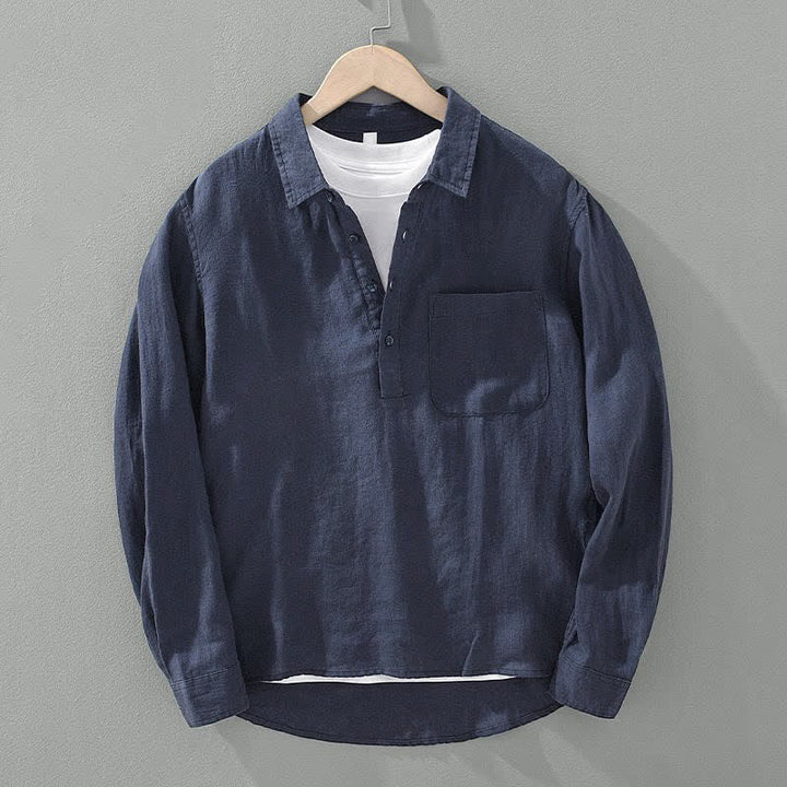 Buddha Stones Lässiges, minimalistisches Herren-Langarmhemd mit aufgesetzter Tasche für den Sommer – einfarbig, mit langen Ärmeln - Mitternachtsblau - US/UK/AU44, EU54 (4XL) - image 0