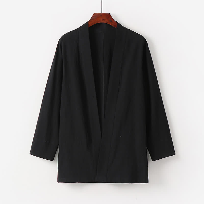 Buddha Stones Minimalistischer Sommerkimono aus einfarbigem Baumwoll-Leinen-Mischgewebe mit Tasche für Herren. - Schwarz - US/UK/AU50, EU60 (7XL) - image 2