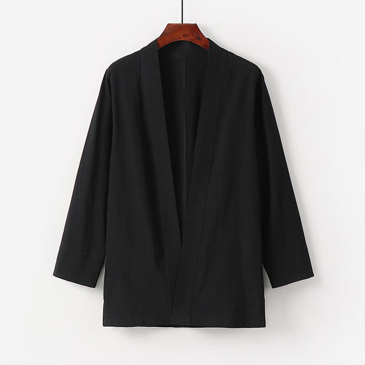 Buddha Stones Minimalistischer Sommerkimono aus einfarbigem Baumwoll-Leinen-Mischgewebe mit Tasche für Herren. - Schwarz - US/UK/AU50, EU60 (7XL) - image 2