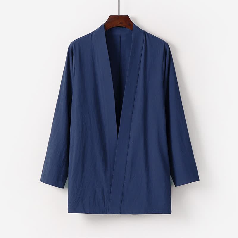 Buddha Stones Minimalistischer Sommerkimono aus einfarbigem Baumwoll-Leinen-Mischgewebe mit Tasche für Herren. - Mitternachtsblau - US/UK/AU50, EU60 (7XL) - image 0