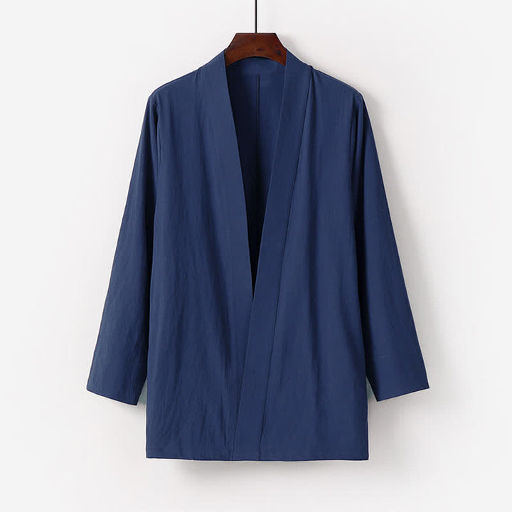 Buddha Stones Minimalistischer Sommerkimono aus einfarbigem Baumwoll-Leinen-Mischgewebe mit Tasche für Herren. - Mitternachtsblau - US/UK/AU50, EU60 (7XL) - image 0