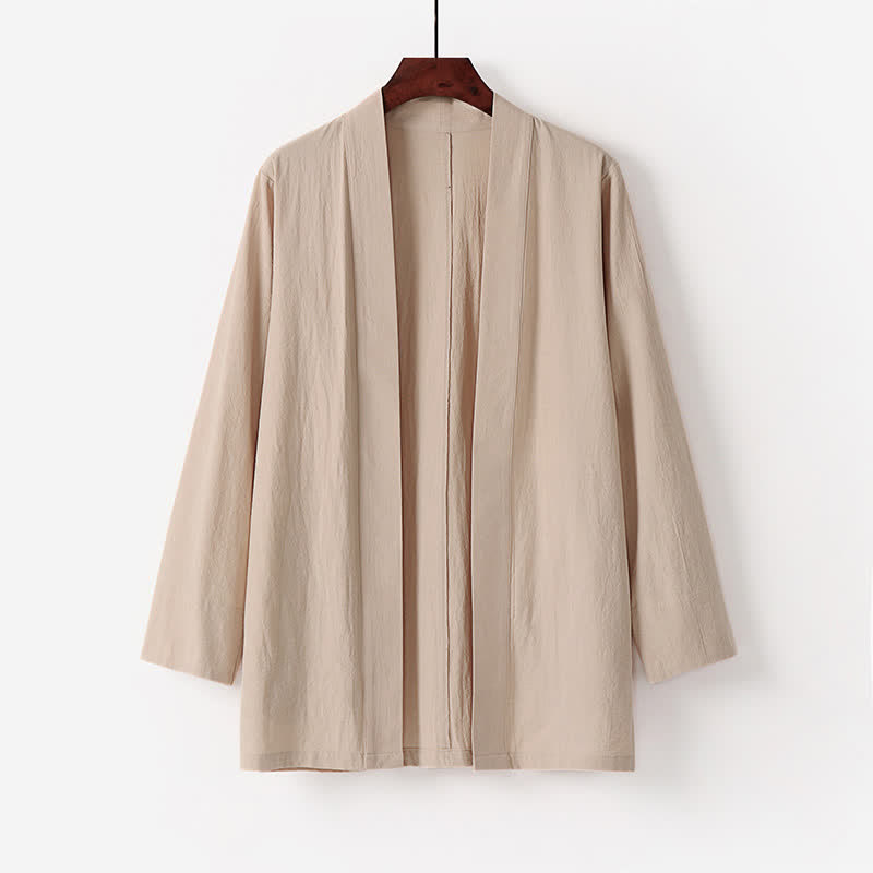 Buddha Stones Minimalistischer Sommerkimono aus einfarbigem Baumwoll-Leinen-Mischgewebe mit Tasche für Herren. - Beige - US/UK/AU50, EU60 (7XL) - image 3