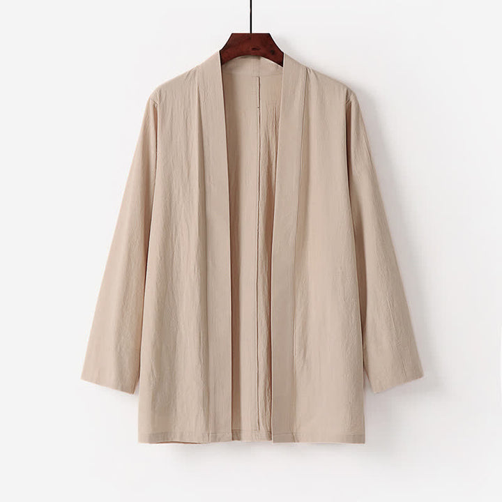 Buddha Stones Minimalistischer Sommerkimono aus einfarbigem Baumwoll-Leinen-Mischgewebe mit Tasche für Herren. - Beige - US/UK/AU50, EU60 (7XL) - image 3