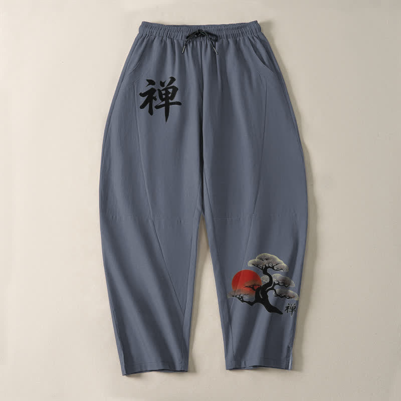 Buddha Stones Herrenhose aus reiner Baumwolle mit Zen-Bonsai-Sonnenuntergangsmuster, Kordelzug, schmal zulaufendem Bein und Taschen - image 2