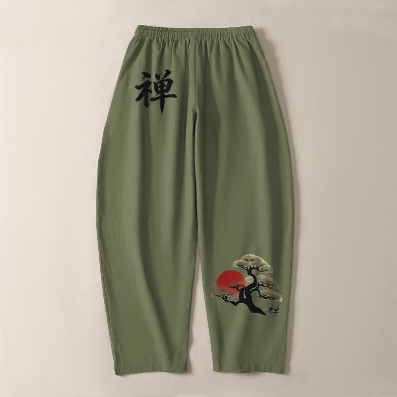 Buddha Stones Herrenhose aus reiner Baumwolle mit Zen-Bonsai-Sonnenuntergangsmuster, Kordelzug, schmal zulaufendem Bein und Taschen - image 10