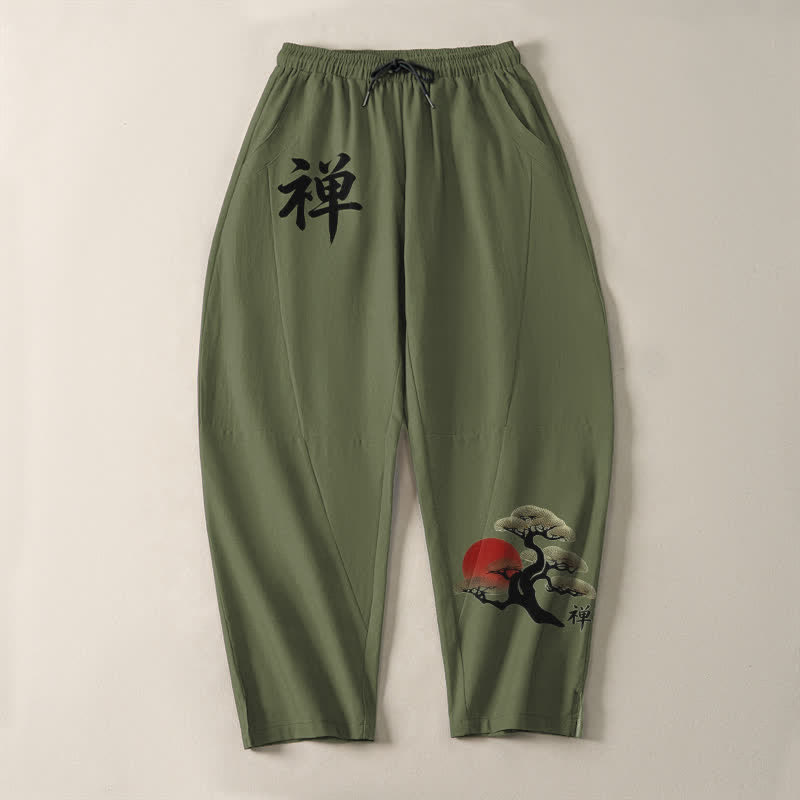 Buddha Stones Herrenhose aus reiner Baumwolle mit Zen-Bonsai-Sonnenuntergangsmuster, Kordelzug, schmal zulaufendem Bein und Taschen - image 9