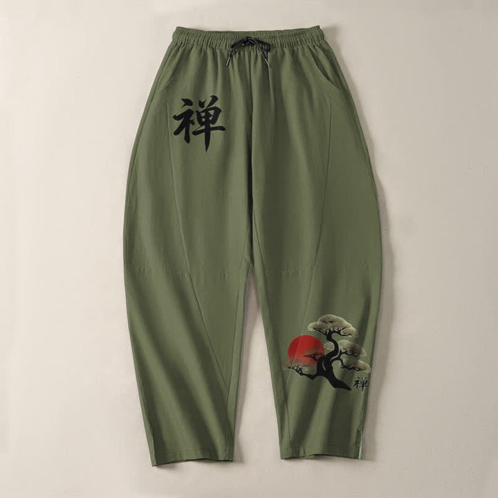 Buddha Stones Herrenhose aus reiner Baumwolle mit Zen-Bonsai-Sonnenuntergangsmuster, Kordelzug, schmal zulaufendem Bein und Taschen - image 9