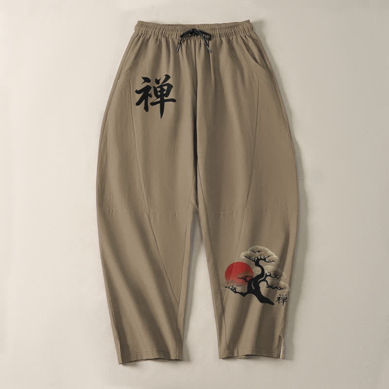 Buddha Stones Herrenhose aus reiner Baumwolle mit Zen-Bonsai-Sonnenuntergangsmuster, Kordelzug, schmal zulaufendem Bein und Taschen - image 13