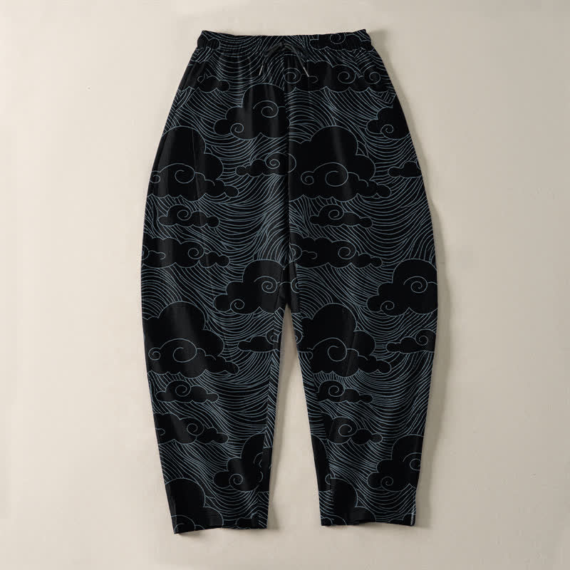 Buddha Stones Herrenhose aus reiner Baumwolle mit japanischem Wolkenwellenmuster, Kordelzug, schmal zulaufendem Schnitt und Taschen - image 2
