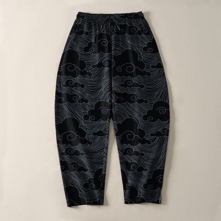 Buddha Stones Herrenhose aus reiner Baumwolle mit japanischem Wolkenwellenmuster, Kordelzug, schmal zulaufendem Schnitt und Taschen - image 2