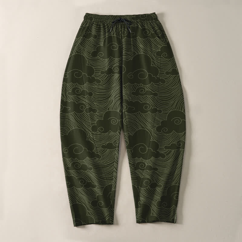 Buddha Stones Herrenhose aus reiner Baumwolle mit japanischem Wolkenwellenmuster, Kordelzug, schmal zulaufendem Schnitt und Taschen - image 9