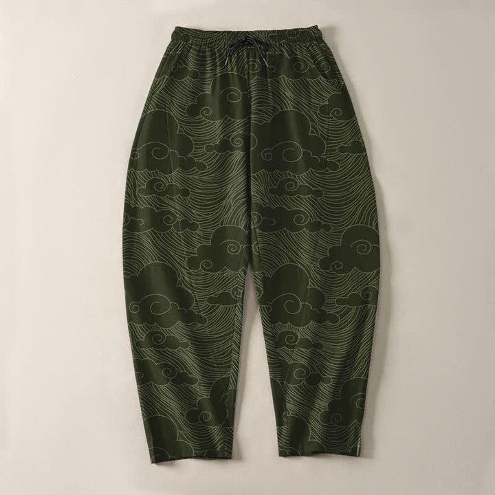 Buddha Stones Herrenhose aus reiner Baumwolle mit japanischem Wolkenwellenmuster, Kordelzug, schmal zulaufendem Schnitt und Taschen - image 9